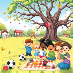 A vibrant and cheerful illustration depicting a group of children happily engaged in various activities