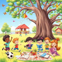 A vibrant and cheerful illustration depicting a group of children happily engaged in various activities