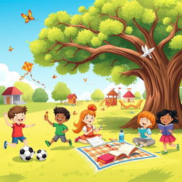 A vibrant and cheerful illustration depicting a group of children happily engaged in various activities