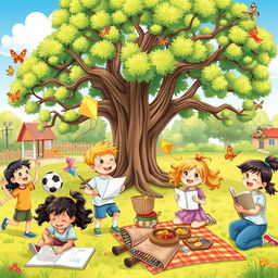 A vibrant and cheerful illustration depicting a group of children happily engaged in various activities