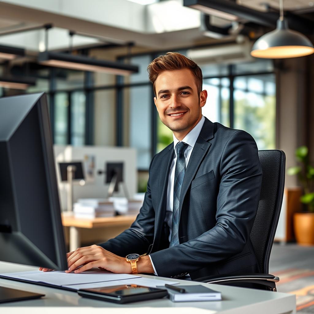 A professional and confident individual working in a modern office environment