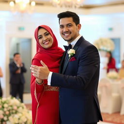 A charming groom in a navy blue suit dancing with a beautiful bride wearing a striking red dress and a red hijab