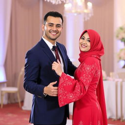 A charming groom in a navy blue suit dancing with a beautiful bride wearing a striking red dress and a red hijab