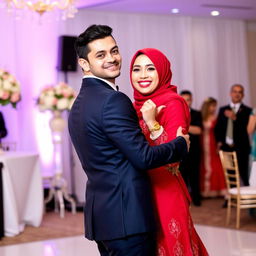 A charming groom in a navy blue suit dancing with a beautiful bride wearing a striking red dress and a red hijab