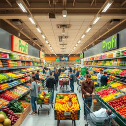 A bustling Profi supermarket scene, showcasing a wide array of fresh produce, neatly arranged grocery shelves, and shoppers engaging with vibrant displays