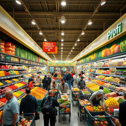 A bustling Profi supermarket scene, showcasing a wide array of fresh produce, neatly arranged grocery shelves, and shoppers engaging with vibrant displays