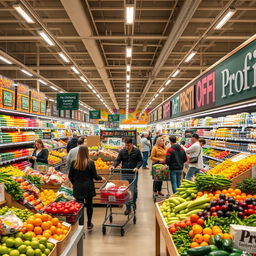 A bustling Profi supermarket scene, showcasing a wide array of fresh produce, neatly arranged grocery shelves, and shoppers engaging with vibrant displays