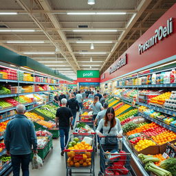 A bustling Profi supermarket scene, showcasing a wide array of fresh produce, neatly arranged grocery shelves, and shoppers engaging with vibrant displays