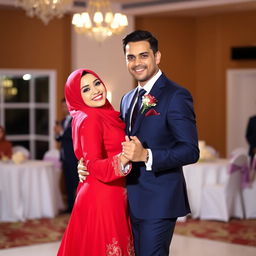 A dashing groom in a navy blue suit and tie, dancing with a beautiful bride wearing a striking red dress and a red hijab