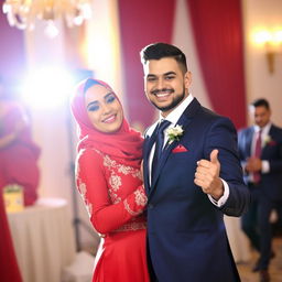 A dashing groom in a navy blue suit and tie, dancing with a beautiful bride wearing a striking red dress and a red hijab