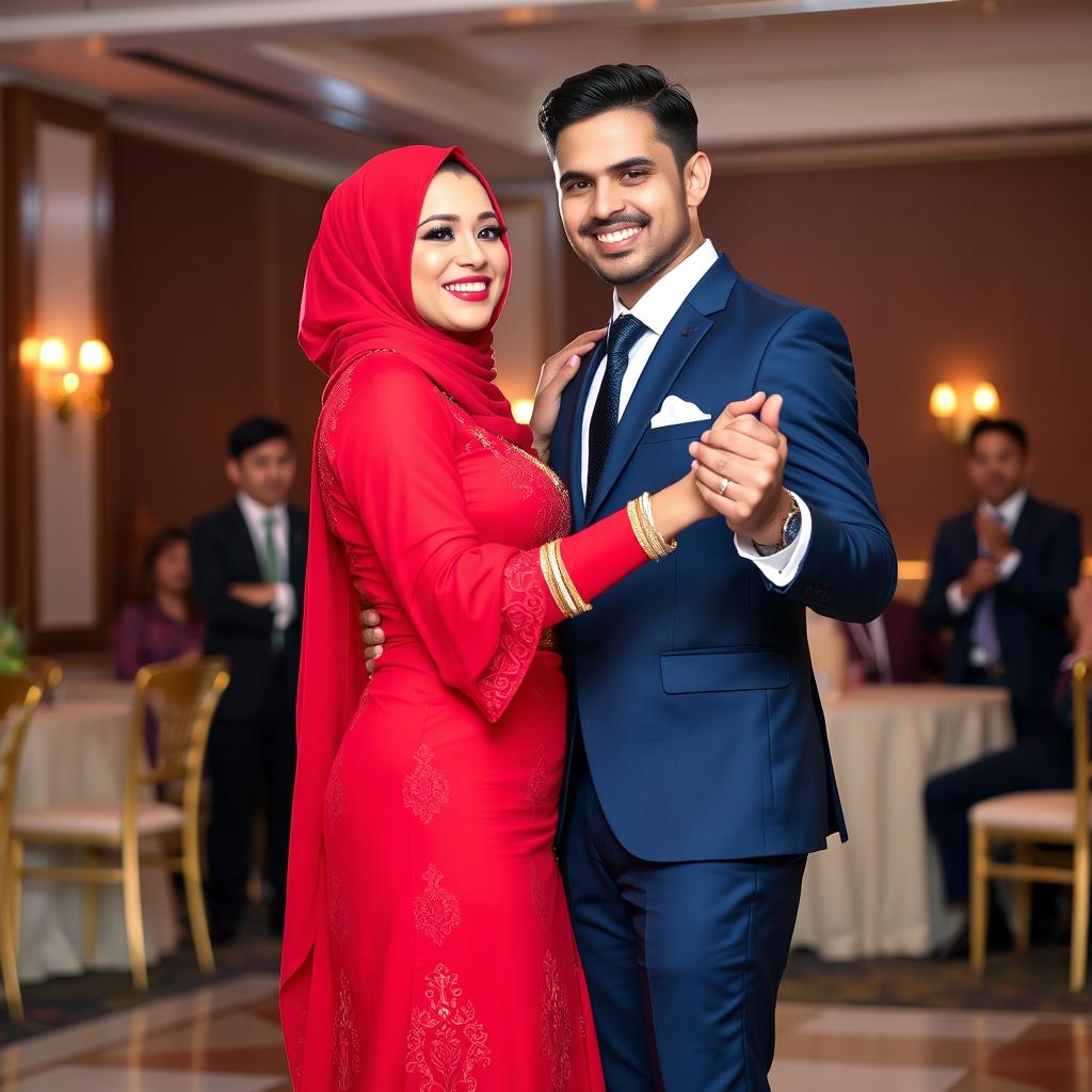 A dashing groom in a navy blue suit and tie, dancing with a beautiful bride wearing a striking red dress and a red hijab