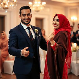 A dashing groom in a navy blue suit and tie, dancing with a beautiful bride wearing a striking red dress and a red hijab