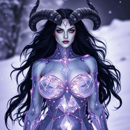 A beautiful and wicked crystal woman standing in the snow, featuring large breasts, with dark black hair, white skin, and elegant horns