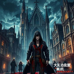 An anime-style poster featuring Gothic Revival architecture, depicting a city founded and rapidly developed by an organization known as the Healing Church