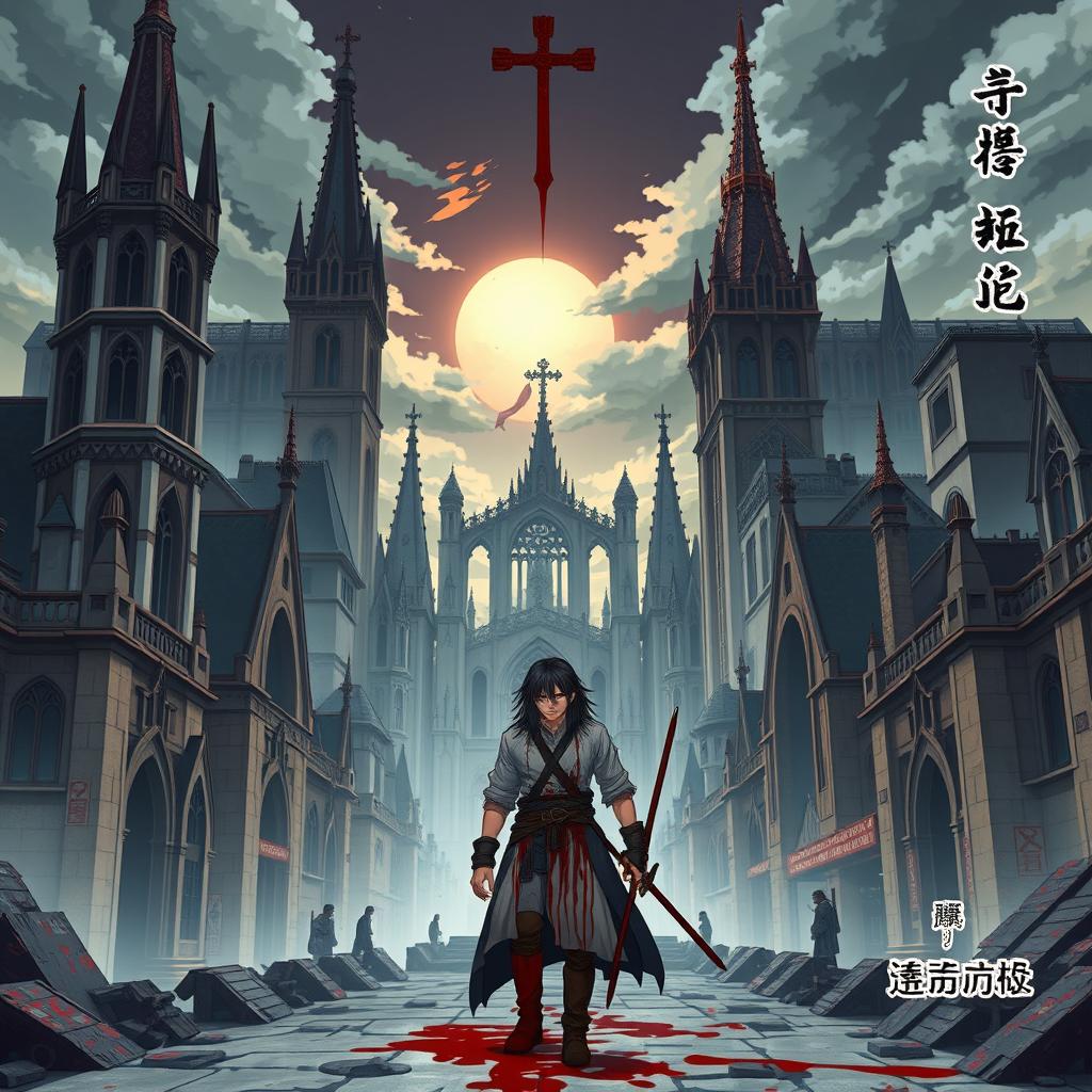 An anime-style poster featuring Gothic Revival architecture, depicting a city founded and rapidly developed by an organization known as the Healing Church