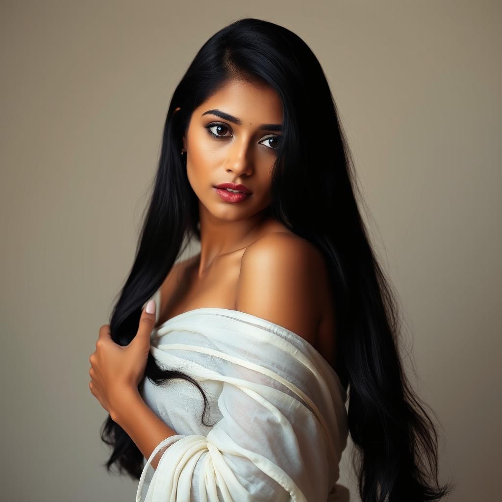 An artistic depiction of an Indian woman with long black hair, posing gracefully