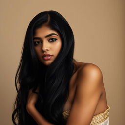 An artistic depiction of an Indian woman with long black hair, posing gracefully