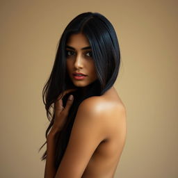 An artistic depiction of an Indian woman with long black hair, posing gracefully