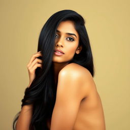 An artistic depiction of an Indian woman with long black hair, posing gracefully