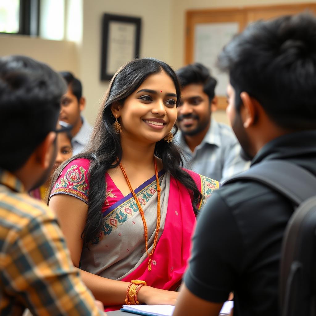 Beautiful Indian college girl in a classroom setting, featuring traditional attire, vibrant colors, and academic elements, interacting with a group of male classmates in a friendly and educational environment