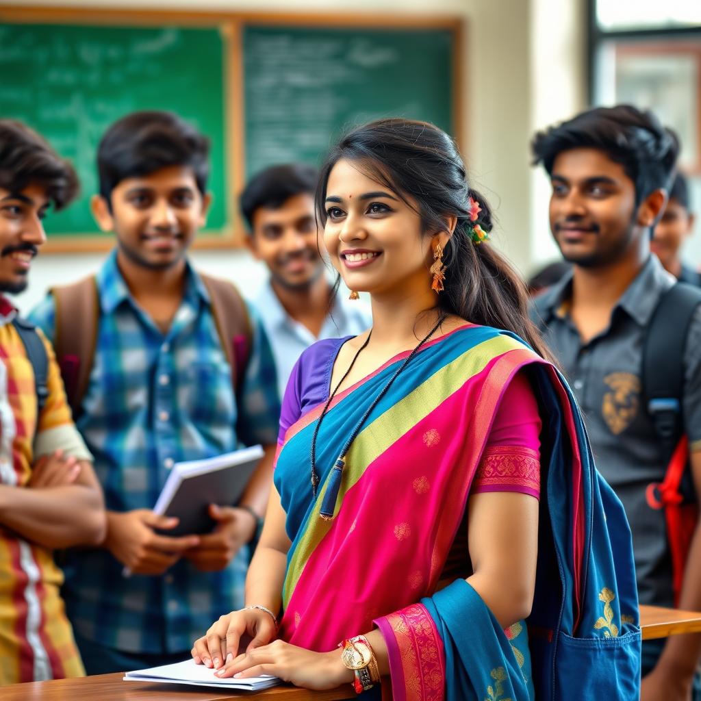 Beautiful Indian college girl in a classroom setting, featuring traditional attire, vibrant colors, and academic elements, interacting with a group of male classmates in a friendly and educational environment