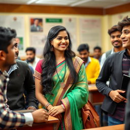 Beautiful Indian college girl in a classroom setting, featuring traditional attire, vibrant colors, and academic elements, interacting with a group of male classmates in a friendly and educational environment