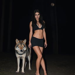 A beautiful woman with black hair and fair skin in a mini skirt standing in a dark, forested area at night