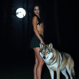 A beautiful woman with black hair and fair skin in a mini skirt standing in a dark, forested area at night