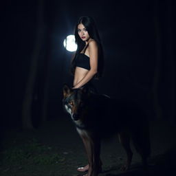 A beautiful woman with black hair and fair skin in a mini skirt standing in a dark, forested area at night