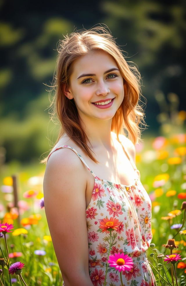 A portrait of a young woman with fair skin and light brown hair, smiling gently towards the viewer