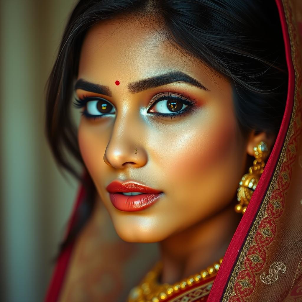 Close-up of a beautiful Indian woman with an emphasis on her flawless skin and stunning facial features