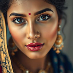 Close-up of a beautiful Indian woman with an emphasis on her flawless skin and stunning facial features