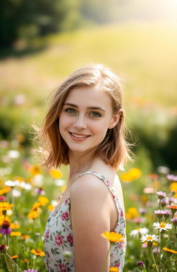 A portrait of a young woman with fair skin and light brown hair, smiling gently towards the viewer