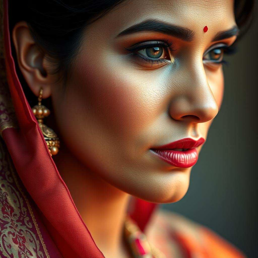 Close-up of a beautiful Indian woman with an emphasis on her flawless skin and stunning facial features