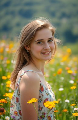 A portrait of a young woman with fair skin and light brown hair, smiling gently towards the viewer