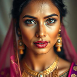 Close-up of a beautiful Indian woman with an emphasis on her flawless skin and stunning facial features