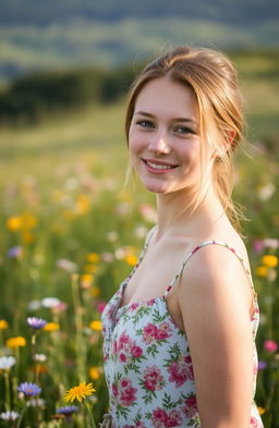 A portrait of a young woman with fair skin and light brown hair, smiling gently towards the viewer