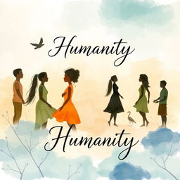 A beautifully illustrated cover for a poetry book about humanity, with elegant calligraphy and soft watercolor backgrounds