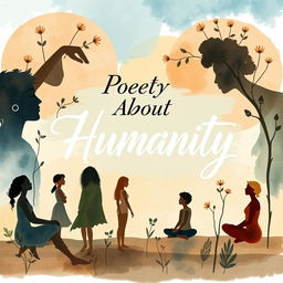 A beautifully illustrated cover for a poetry book about humanity, with elegant calligraphy and soft watercolor backgrounds