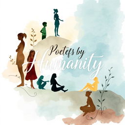 A beautifully illustrated cover for a poetry book about humanity, with elegant calligraphy and soft watercolor backgrounds