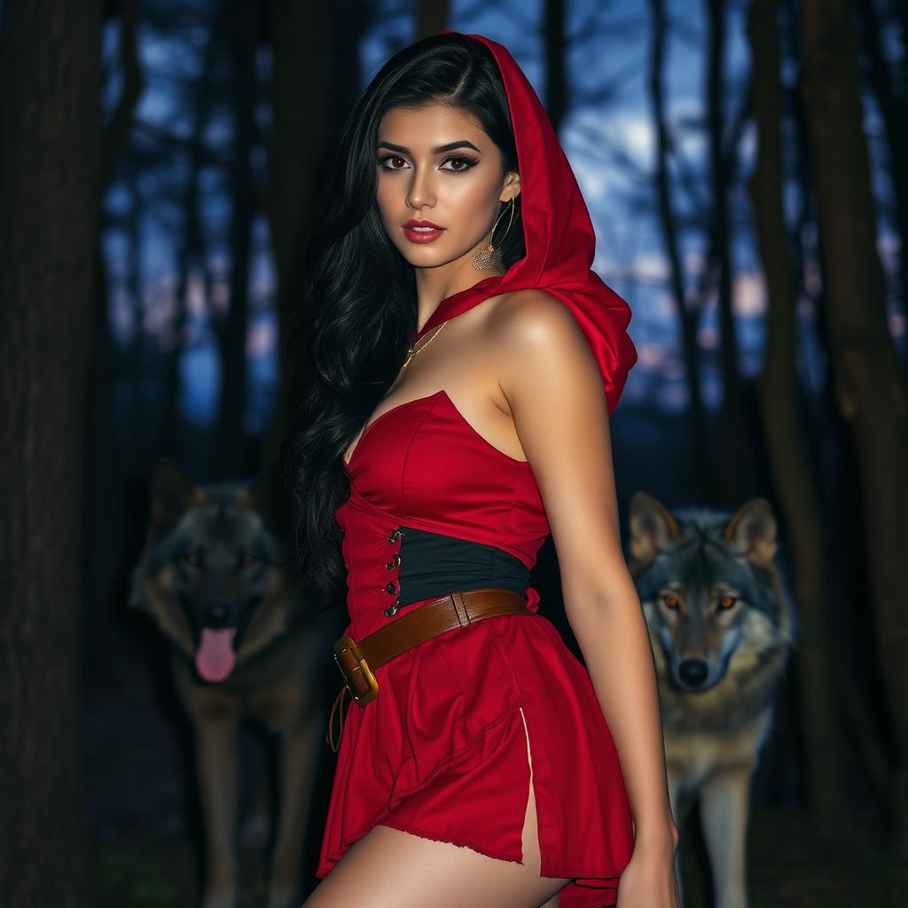 a sexy woman wearing a little red riding hood mini skirt in the forest during twilight at night, standing in front of a wolf, having beautiful black hair and fair skin with a purple filter