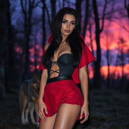 a sexy woman wearing a little red riding hood mini skirt in the forest during twilight at night, standing in front of a wolf, having beautiful black hair and fair skin with a purple filter