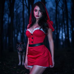 a sexy woman wearing a little red riding hood mini skirt in the forest during twilight at night, standing in front of a wolf, having beautiful black hair and fair skin with a purple filter