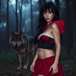 a sexy woman wearing a little red riding hood mini skirt in the forest during twilight at night, standing in front of a wolf, having beautiful black hair and fair skin with a purple filter