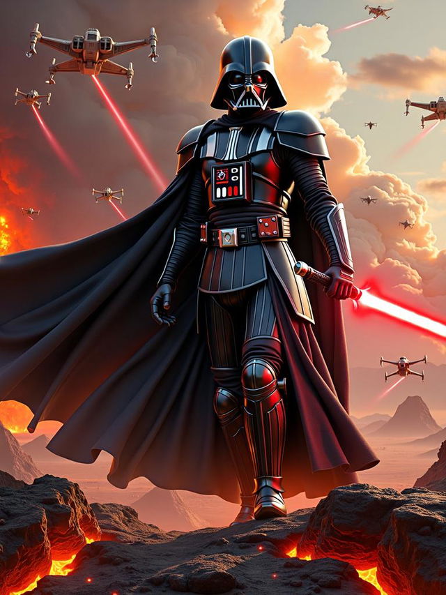 An extraordinary high-definition Star Wars themed poster showcasing a prominent Star Wars character, such as a legendary Sith Lord in commanding pose