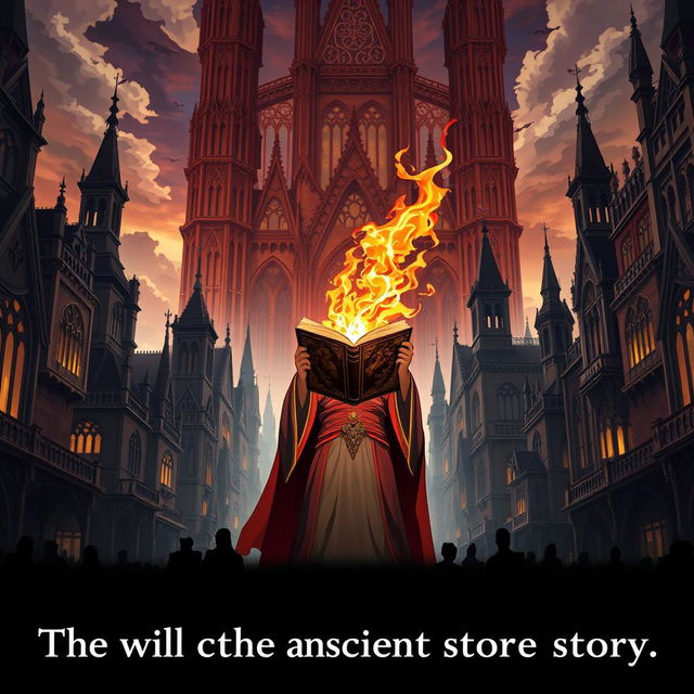 An anime-style poster featuring Gothic Revival architecture, depicting a city founded and rapidly developed by an organization known as Shadow Ancient