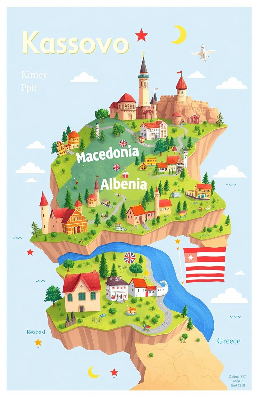 A whimsical map-inspired illustration showcasing the countries Kosovo, Macedonia, Albania, and Greece, each depicted with vibrant and playful Disney-Pixar cartoon styling