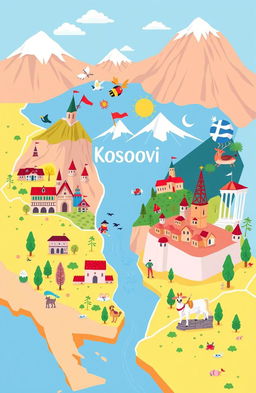 A whimsical map-inspired illustration showcasing the countries Kosovo, Macedonia, Albania, and Greece, each depicted with vibrant and playful Disney-Pixar cartoon styling