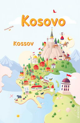 A whimsical map-inspired illustration showcasing the countries Kosovo, Macedonia, Albania, and Greece, each depicted with vibrant and playful Disney-Pixar cartoon styling