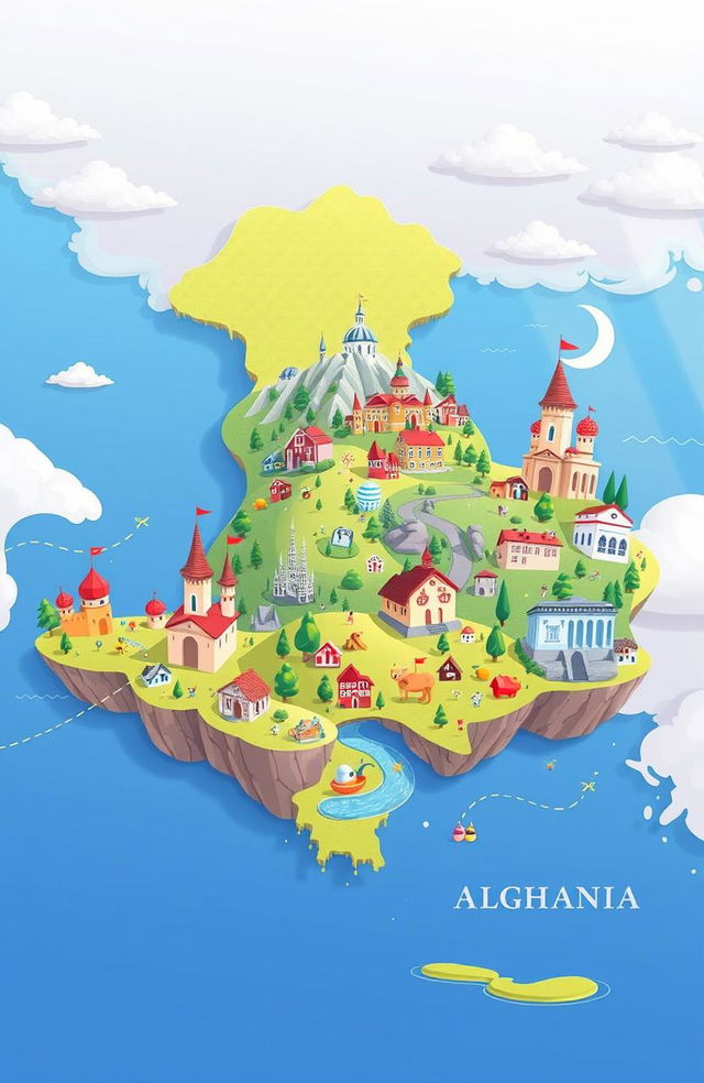 A whimsical map-inspired illustration showcasing the countries Kosovo, Macedonia, Albania, and Greece, each depicted with vibrant and playful Disney-Pixar cartoon styling